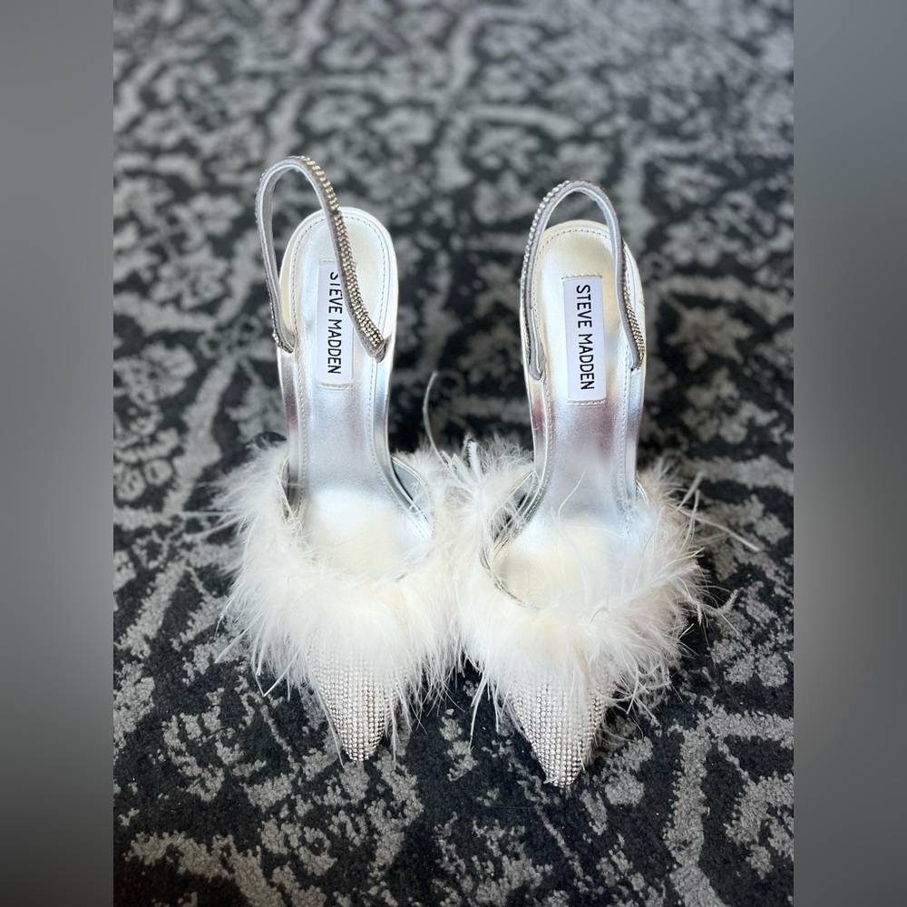 Steve Madden silver bedazzled feathered heels